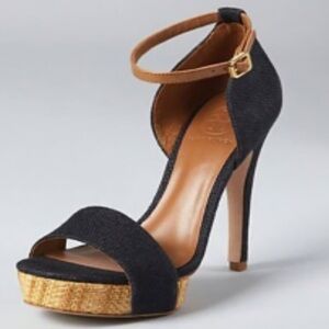 TORY BURCH size 8 Denim raffia/cork platform open toe stiletto sandal